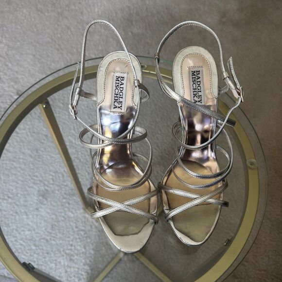 BADGLEY MISCHKA Platino Leather IDOL Strappy Bridal Wedding Heel 8.5$175 - Picture 2 of 9